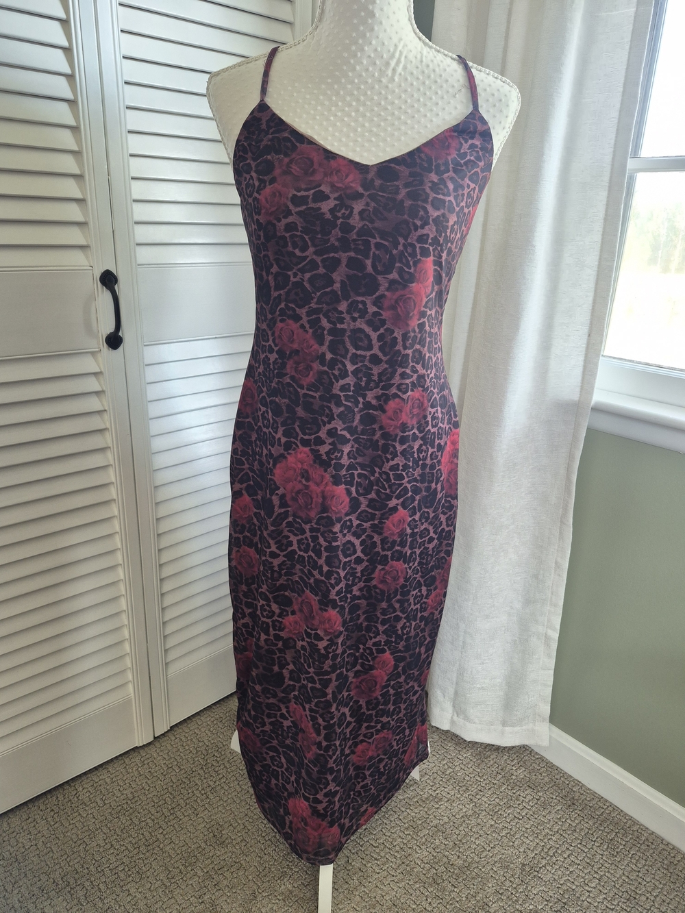 Cider Black and Rose Floral Leopard Slip Midi Dress